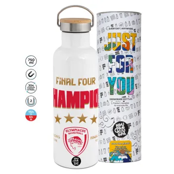 Olympiacos B.C. Final 4 2025-26, Μεταλλικό παγούρι θερμός (Stainless steel) Λευκό με ξύλινο καπάκι (bamboo), διπλού τοιχώματος, 750ml