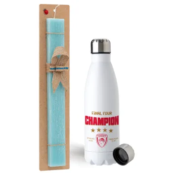 Olympiacos B.C. Final 4 2025-26, Easter Set, metallic stainless steel water bottle (750ml) & aromatic flat Easter candle (30cm) (TURQUOISE)