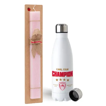 Olympiacos B.C. Final 4 2025-26, Easter Set, metallic stainless steel water bottle (750ml) & scented flat Easter candle (30cm) (PINK)