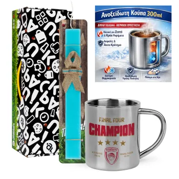 Olympiacos B.C. Final 4 2025-26, Easter Set, metallic thermal cup (300ml) & aromatic flat Easter candle (30cm) (TURQUOISE)