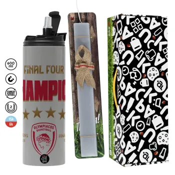 Olympiacos B.C. Final 4 2025-26, Πασχαλινή Λαμπάδα με Travel Tumbler θερμό (600ml, BPA free) & κερί αρωματικό πλακέ (30cm) (ΓΚΡΙ)