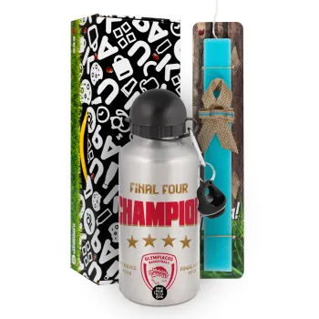 Olympiacos B.C. Final 4 2025-26, Easter Set, metallic silver aluminum water bottle (500ml) & scented flat Easter candle (30cm) (TURQUOISE)