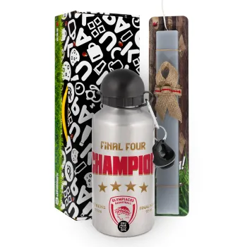 Olympiacos B.C. Final 4 2025-26, Easter Set, metallic silver aluminum water bottle (500ml) & aromatic flat Easter candle (30cm) (GRAY)