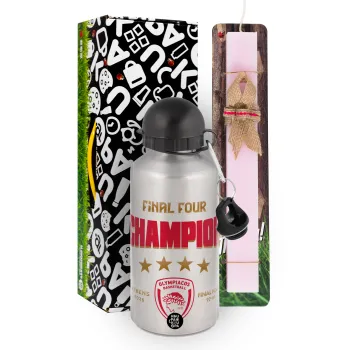Olympiacos B.C. Final 4 2025-26, Easter Set, metallic Silver aluminum water bottle (500ml) & scented flat Easter candle (30cm) (PINK)