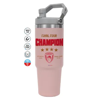 Olympiacos B.C. Final 4 2025-26, ΡΟΖ Travel Tumbler Θερμός με χερούλι και καλαμάκι 890ml