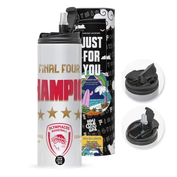 Olympiacos B.C. Final 4 2025-26, Travel Tumbler θερμό με διπλό καπάκι, μεταλλικό καλαμάκι και βούρτσα καθαρισμού (Ανωξείδωτο 304 Food grade, BPA free, 600ml)