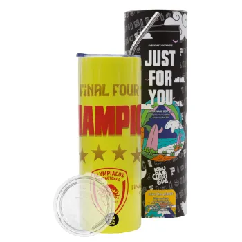 Olympiacos B.C. Final 4 2025-26, Neon Yellow Travel Tumbler θερμό, μεταλλικό καλαμάκι(Ανωξείδωτο 304 Food grade, BPA free, 600ml)