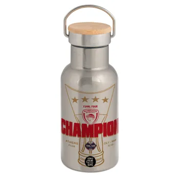 Olympiacos 2025-26 Champion, Μεταλλικό παγούρι θερμός (Stainless steel) Ασημένιο με ξύλινο καπακι (bamboo), διπλού τοιχώματος, 350ml