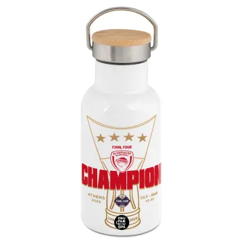Olympiacos 2025-26 Champion, Μεταλλικό παγούρι θερμός (Stainless steel) Λευκό με ξύλινο καπακι (bamboo), διπλού τοιχώματος, 350ml