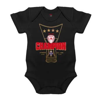 Olympiacos 2025-26 Champion, Βρεφικό φορμάκι μωρού, 0-18 μηνών, ΜΑΥΡΟ, 100% Organic Cotton, κοντομάνικο