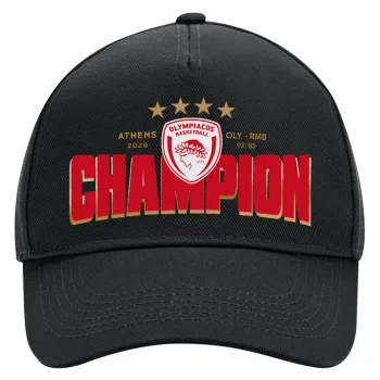 Olympiacos 2025-26 Champion, Καπέλο Ενηλίκων Ultimate ΜΑΥΡΟ, (100% ΒΑΜΒΑΚΕΡΟ DRILL, ΕΝΗΛΙΚΩΝ, UNISEX, ONE SIZE)
