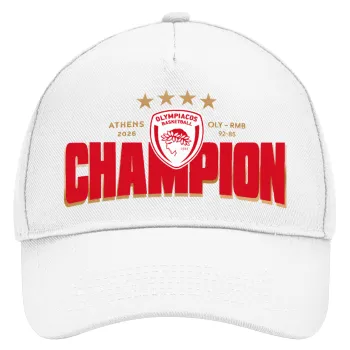 Olympiacos 2025-26 Champion, Adult Baseball Cap, Drill, White (100% COTTON, ADULT, UNISEX, ONE SIZE)