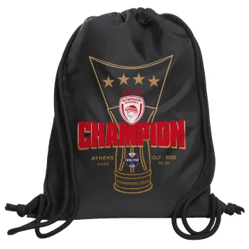 Olympiacos 2025-26 Champion, Τσάντα πλάτης πουγκί GYMBAG Μαύρη, με τσέπη (40x48cm) & χονδρά κορδόνια