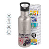 Water bottle Silver with straw, stainless steel 600ml