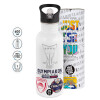 White water bottle with straw, stainless steel 600ml