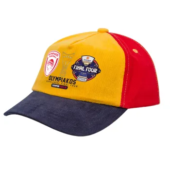 OLY B.C. Champion Final Four, Καπέλο παιδικό Baseball, 100% Βαμβακερό Drill, Κίτρινο/Μπλε/Κόκκινο (ΒΑΜΒΑΚΕΡΟ, ΠΑΙΔΙΚΟ, ONE SIZE)