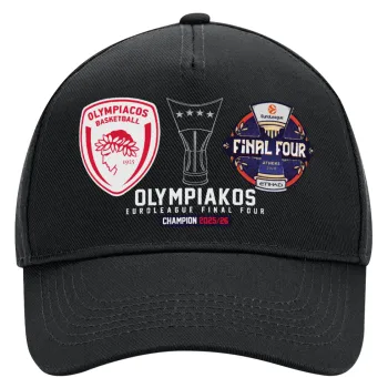 OLY B.C. Champion Final Four, Καπέλο Ενηλίκων Ultimate ΜΑΥΡΟ, (100% ΒΑΜΒΑΚΕΡΟ DRILL, ΕΝΗΛΙΚΩΝ, UNISEX, ONE SIZE)