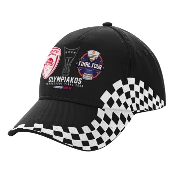 OLY B.C. Champion Final Four, Καπέλο Ενηλίκων Ultimate ΜΑΥΡΟ RACING, (100% ΒΑΜΒΑΚΕΡΟ DRILL, ΕΝΗΛΙΚΩΝ, UNISEX, ONE SIZE)