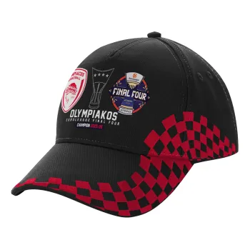 OLY B.C. Champion Final Four, Καπέλο Ενηλίκων Ultimate ΜΑΥΡΟ/ΚΟΚΚΙΝΟ RACING, (100% ΒΑΜΒΑΚΕΡΟ DRILL, ΕΝΗΛΙΚΩΝ, UNISEX, ONE SIZE)