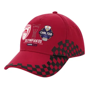 OLY B.C. Champion Final Four, Καπέλο Ενηλίκων Ultimate ΚΟΚΚΙΝΟ/ΜΑΥΡΟ RACING με Σκρατς, (100% ΒΑΜΒΑΚΕΡΟ DRILL, ΕΝΗΛΙΚΩΝ, UNISEX, ONE SIZE)