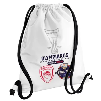 OLY B.C. Champion Final Four, Τσάντα πλάτης πουγκί GYMBAG λευκή, με τσέπη (40x48cm) & χονδρά κορδόνια