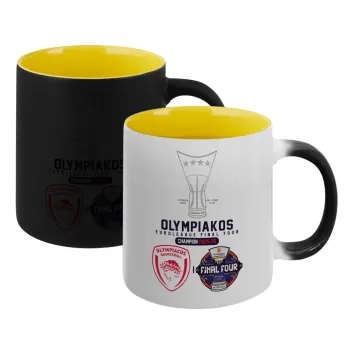 OLY B.C. Champion Final Four, Κούπα Μαγική εσωτερικό κίτρινη, κεραμική 330ml που αλλάζει χρώμα με το ζεστό ρόφημα