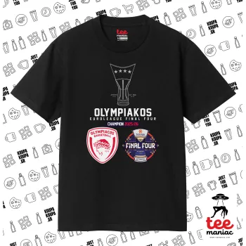 OLY B.C. Champion Final Four, ΜΑΥΡΟ Κλασικό T-Shirt, διπλής ραφής, χωρίς πλευρικές ραφές από 100% βαμβάκι. Vegan & OEKO-TEX πιστοποιημένο.