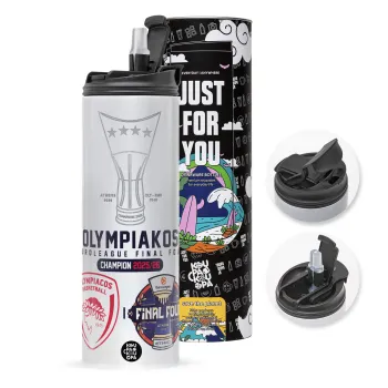 OLY B.C. Champion Final Four, Travel Tumbler 2 Lids, with metal straw & cleaning brush (Stainless steel 304 Food grade, BPA free, 600ml)