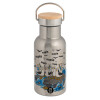 Stainless steel metallic thermos flask, silver with a bamboo lid, double-walled, 350ml.