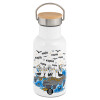 Metallic thermos (Stainless steel) White with wooden lid (bamboo), double-walled, 350ml