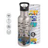 Water bottle Silver with straw, stainless steel 600ml