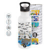 White water bottle with straw, stainless steel 600ml