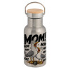 Stainless steel metallic thermos flask, silver with a bamboo lid, double-walled, 350ml.