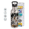 Water bottle Silver with straw, stainless steel 600ml