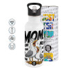 White water bottle with straw, stainless steel 600ml