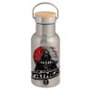 Stainless steel metallic thermos flask, silver with a bamboo lid, double-walled, 350ml.