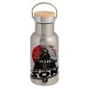 Stainless steel metallic thermos flask, silver with a bamboo lid, double-walled, 350ml.