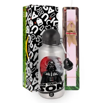 Star Wars, I Am Your Son, Πασχαλινή Λαμπάδα με παγούρι μεταλλικό Ασημένιο αλουμινίου (500ml) & κερί αρωματικό πλακέ (30cm) (ΡΟΖ)