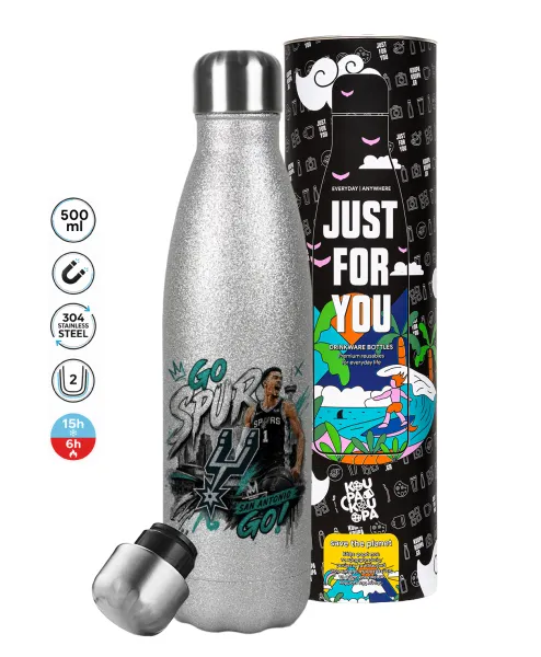 Victor Wembanyama Basketball — Metallic Glitter Silver Thermos Flask (Stainless steel), double-walled, 500ml
