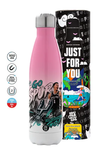 Victor Wembanyama Basketball — Metal mug thermos Pink/White (Stainless steel), double wall, 500ml