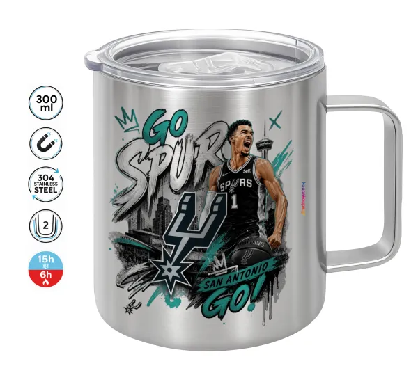 Victor Wembanyama Basketball — Double-walled stainless steel mug 300ml with temperature-retaining lid