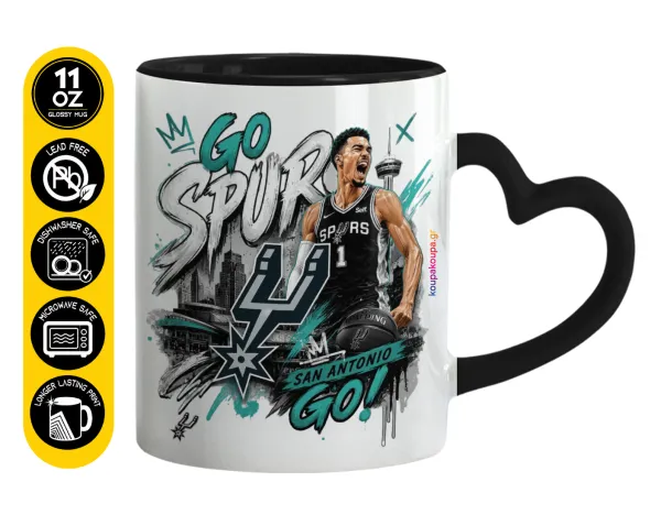 Victor Wembanyama Basketball — Κούπα καρδιά χερούλι μαύρη, κεραμική, 330ml