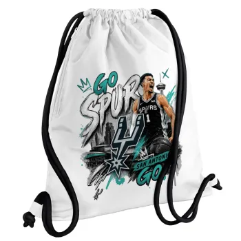 Victor Wembanyama Basketball, Τσάντα πλάτης πουγκί GYMBAG λευκή, με τσέπη (40x48cm) & χονδρά κορδόνια