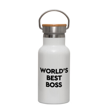 World's best boss, Μεταλλικό παγούρι θερμός (Stainless steel) Λευκό με ξύλινο καπακι (bamboo), διπλού τοιχώματος, 350ml