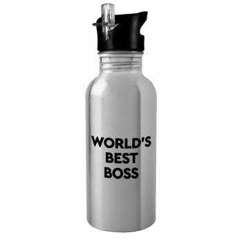 World's best boss, Παγούρι νερού Ασημένιο με καλαμάκι, ανοξείδωτο ατσάλι 600ml