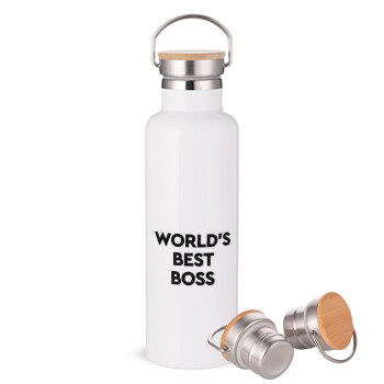 World's best boss, Μεταλλικό παγούρι θερμός (Stainless steel) Λευκό με ξύλινο καπακι (bamboo), διπλού τοιχώματος, 750ml