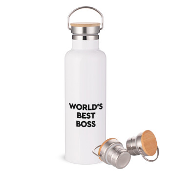 World's best boss, Μεταλλικό παγούρι θερμός (Stainless steel) Λευκό με ξύλινο καπάκι (bamboo), διπλού τοιχώματος, 750ml