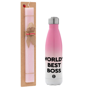 World's best boss, Πασχαλινό Σετ, Μεταλλικό παγούρι θερμός Ροζ/Λευκό (Stainless steel), διπλού τοιχώματος, 500ml & πασχαλινή λαμπάδα αρωματική πλακέ (30cm) (ΡΟΖ)