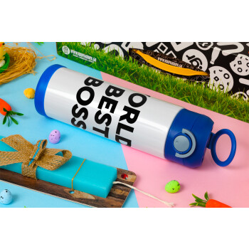 World's best boss, Easter candle, Childrens hot water bottle, stainless steel, with safety straw, BLUE (500ml)