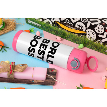 World's best boss, Easter candle, Childrens hot water bottle, stainless steel, with safety straw, PINK (500ml)